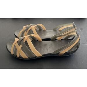 Crocs Huarache Sandals Jelly Low Wedge Strappy Espresso Brown Gold Women 10